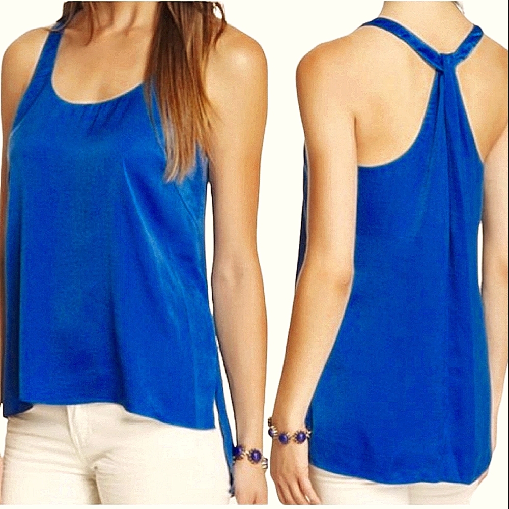 BCBGMaxazria Edita Larkspur Blue Satin Racerback Tank Party Glam Spring Summer